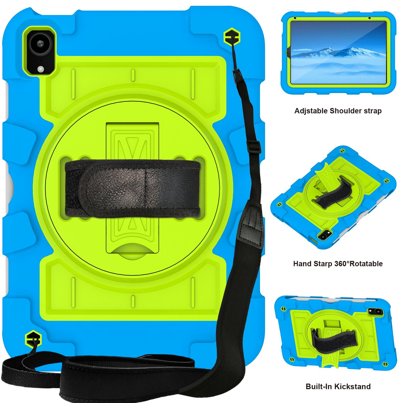 TECH CIRCLE for Apple iPad Mini (A17 Pro/A15) 7th/6th Generation Case 8.3" (2024/2021 Release), Durable Shockproof Protective Back Cover Case with Kickstand /Hand Strap /Shoulder Strap, Blue + Green