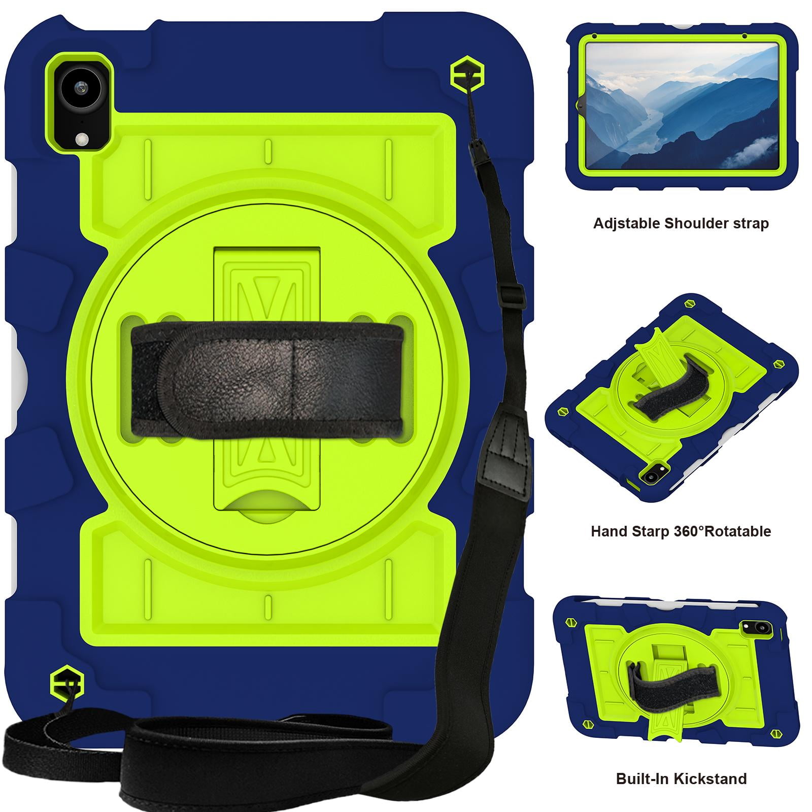 TECH CIRCLE for Apple iPad Mini (A17 Pro/A15) 7th/6th Generation Case 8.3" (2024/2021 Release), Durable Shockproof Protective Back Cover Case with Kickstand /Hand Strap /Shoulder Strap, Navy + Green