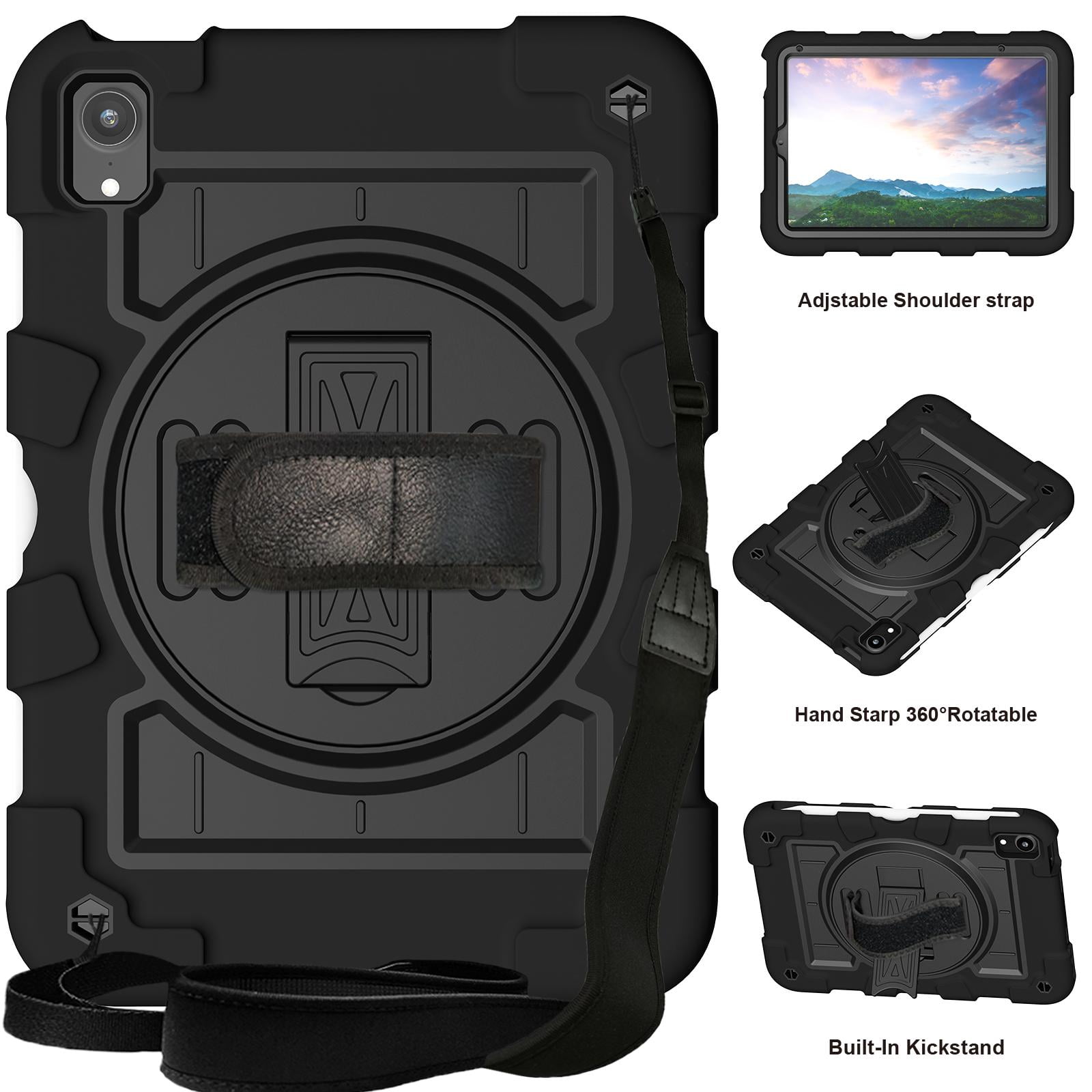 TECH CIRCLE for Apple iPad Mini (A17 Pro/A15) 7th/6th Generation Case 8.3-Inch (2024/2021 Release), Durable Shockproof Protective Back Cover Case with Kickstand /Hand Strap /Shoulder Strap, Black