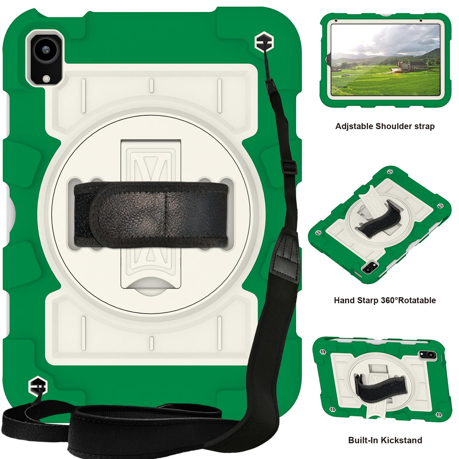 TECH CIRCLE for Apple iPad Mini (A17 Pro/A15) 7th/6th Generation Case 8.3-Inch (2024/2021 Release), Durable Shockproof Protective Back Cover Case with Kickstand /Hand Strap /Shoulder Strap, Deep Green