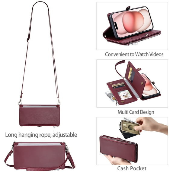 TECH CIRCLE for Apple iPhone 13 Case 6.1" 2021 Release, Portable Flip Wallet Phone Case with 8 Card Slots & Zipper Pocket, PU Leather Protective Solid Fold Cover with Shoulder Strap & Lanyard, Winered