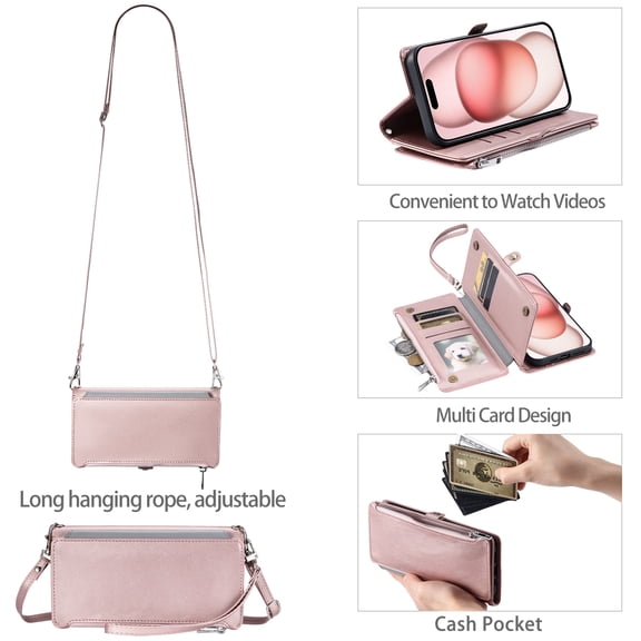 TECH CIRCLE for Apple iPhone 13 Case 6.1" 2021 Release, Portable Flip Wallet Phone Case with 8 Card Slots & Zipper Pocket, PU Leather Protective Solid Fold Cover with Shoulder Strap & Lanyard, Pink