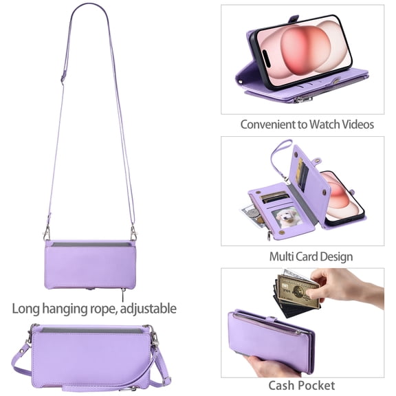 TECH CIRCLE for Apple iPhone 13 Case 6.1" 2021 Release, Portable Flip Wallet Phone Case with 8 Card Slots & Zipper Pocket, PU Leather Protective Solid Fold Cover with Shoulder Strap & Lanyard, Purple