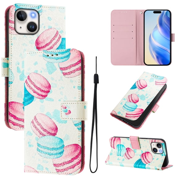 TECH CIRCLE for Apple iPhone 13 Case 6.1-Inch (2021 Release), Cute Cartoon Flip Wallet Phone Case with Lanyard, Built-in Card Slots & Stand Function, Portable Lightweight Slim Folio Cover, Donuts