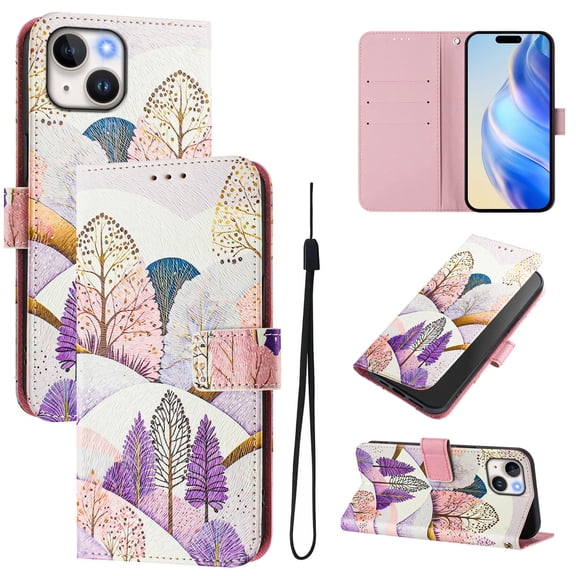 TECH CIRCLE for Apple iPhone 13 Case 6.1-Inch (2021 Release), Cute Cartoon Flip Wallet Phone Case with Lanyard, Built-in Card Slots & Stand Function, Portable Lightweight Slim Folio Cover, Tree