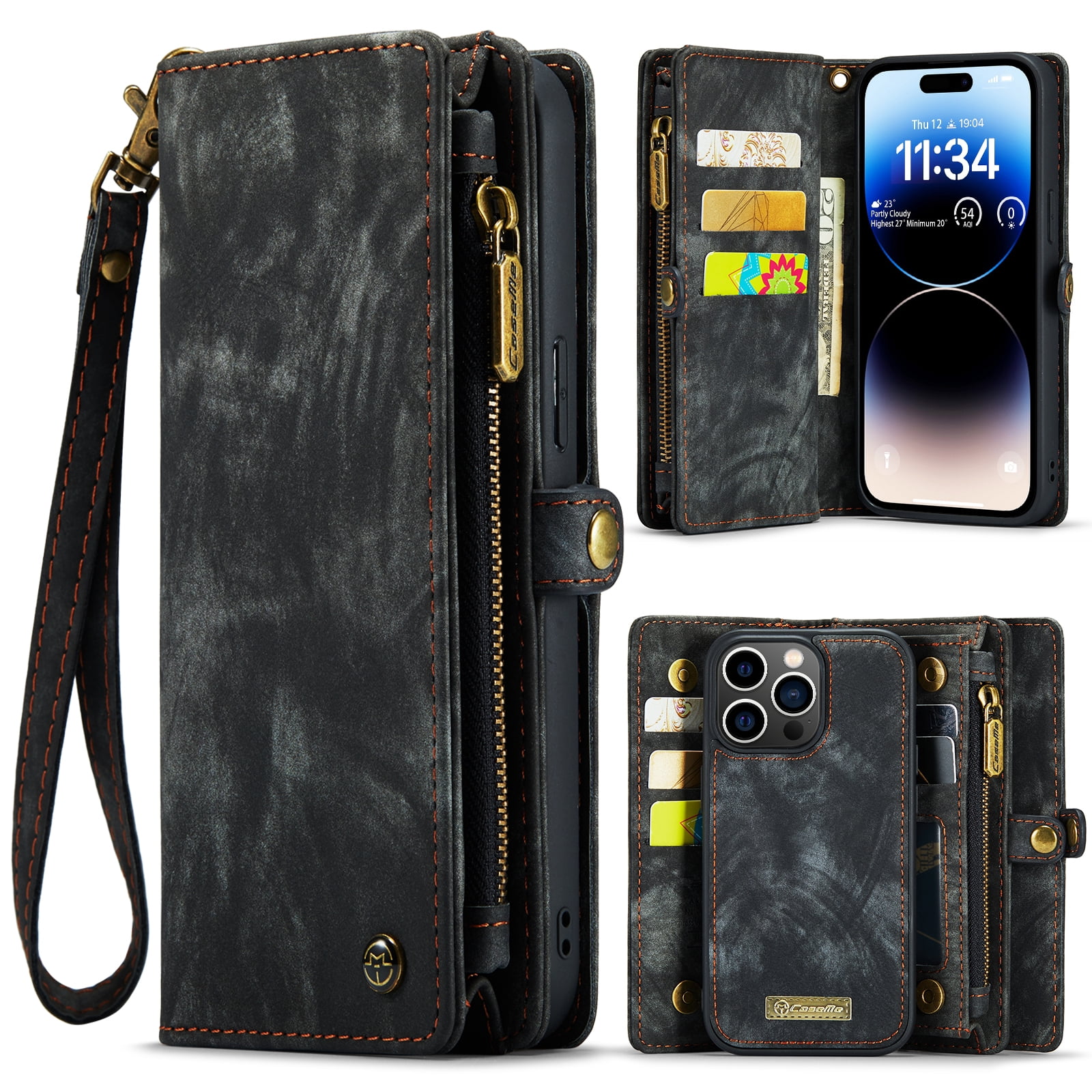 TECH CIRCLE Apple iPhone 13 Pro Max Case,iPhone 13 Pro Max Wallet Case with Card Holder Kickstand Zipper Pocket Lanyard Strap Wristlet PU Leather Flip Case Wallet for iPhone 13 Pro Max 6.7 inch,Black