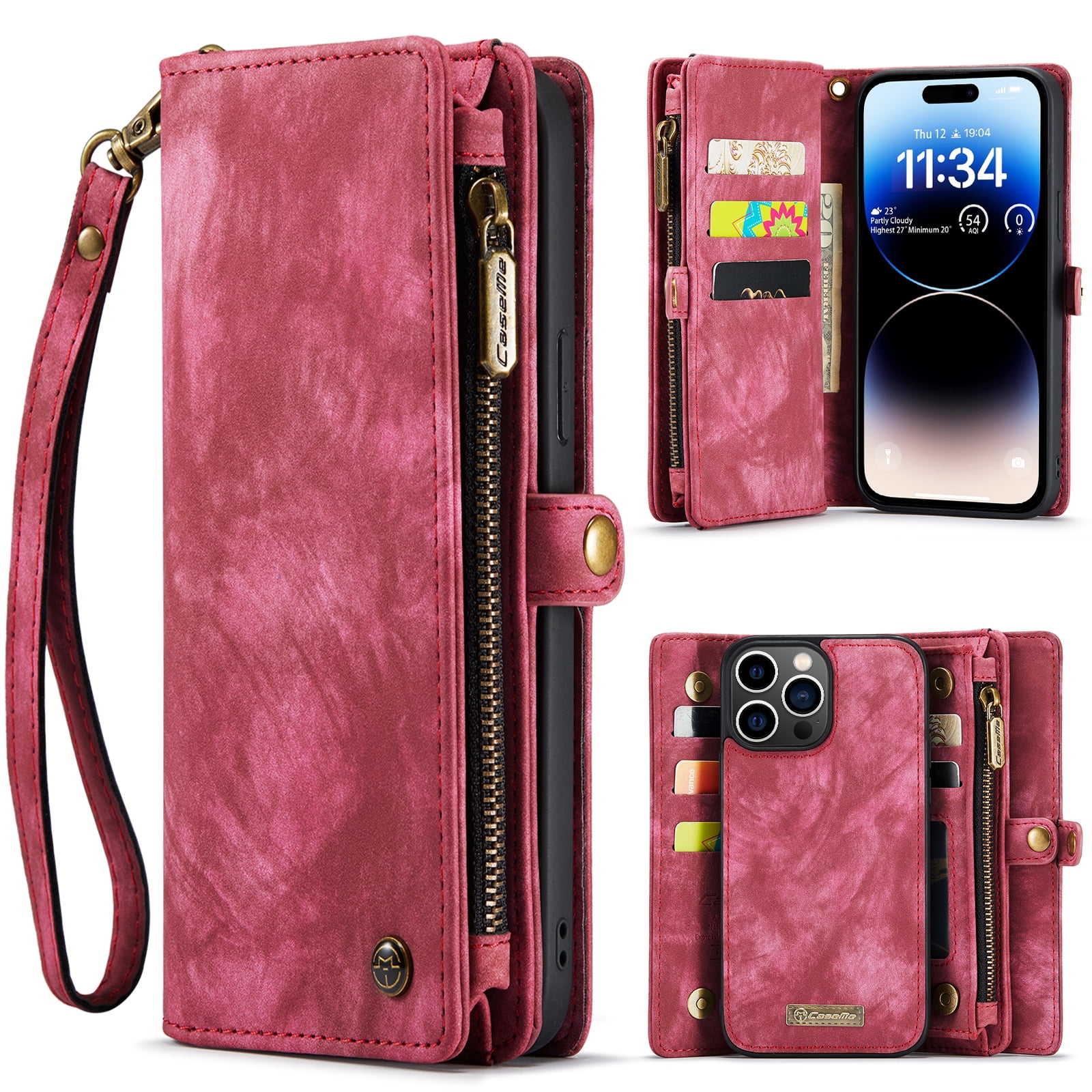 TECH CIRCLE Apple iPhone 13 Pro Max Case,iPhone 13 Pro Max Wallet Case with Card Holder Kickstand Zipper Pocket Lanyard Strap Wristlet PU Leather Flip Case Wallet for iPhone 13 Pro Max 6.7 inch,Red
