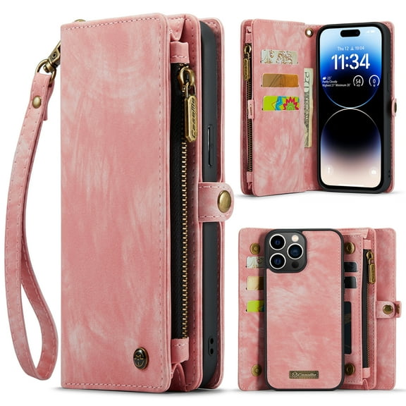 TECH CIRCLE Apple iPhone 13 Pro Max Case,iPhone 13 Pro Max Wallet Case with Card Holder Kickstand Zipper Pocket Lanyard Strap Wristlet PU Leather Flip Case Wallet for iPhone 13 Pro Max 6.7 inch,Pink