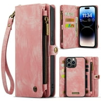 TECH CIRCLE Apple iPhone 13 Pro Max Case,iPhone 13 Pro Max Wallet Case with Card Holder Kickstand Zipper Pocket Lanyard Strap Wristlet PU Leather Flip Case Wallet for iPhone 13 Pro Max 6.7 inch,Pink