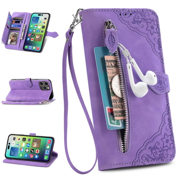 TECH CIRCLE for Apple iPhone 14 Pro 2022 Case with Wrist Strap,Drop Protection Premium PU Leather Magnetic Clasp Flip Holder Wallet Case with 7 Card Slots Phone Cover,Purple