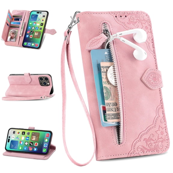 TECH CIRCLE for Apple iPhone 14 Pro 2022 Case with Wrist Strap,Drop Protection Premium PU Leather Magnetic Clasp Flip Holder Wallet Case with 7 Card Slots Phone Cover,Pink