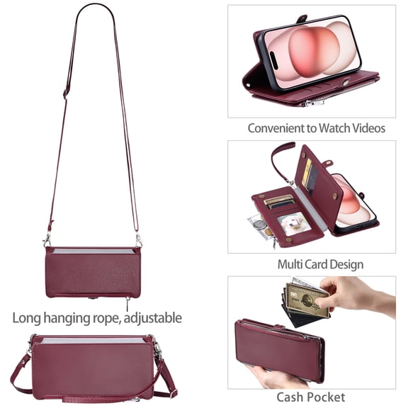 TECH CIRCLE for Apple iPhone 16 Case 6.1" 2024 Release, Portable Flip Wallet Phone Case with Card Slots & Pockets, PU Leather Protective Solid Fold Cover with Shoulder Strap & Lanyard, Winered