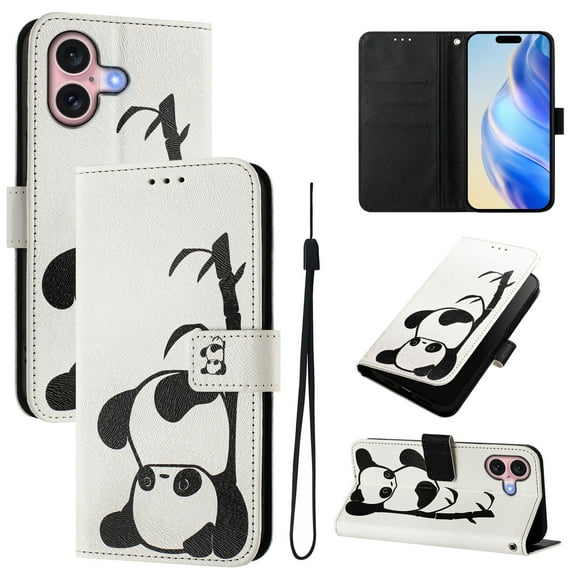 TECH CIRCLE for Apple iPhone 16 Case 6.1-Inch (2024 Release), Cute Cartoon Flip Wallet Phone Case with Lanyard, Built-in Card Slots & Stand Function, Portable Lightweight Slim Folio Cover, Panda