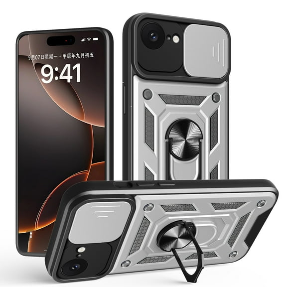 TECH CIRCLE for Apple iPhone 17 Air Armor PC+TPU Case, Military Grade Heavy Duty Rugged Shockproof with Slide Camera Lens Cover & 360° Rotatable Magnetic Ring Kickstand Girls Women,Silver