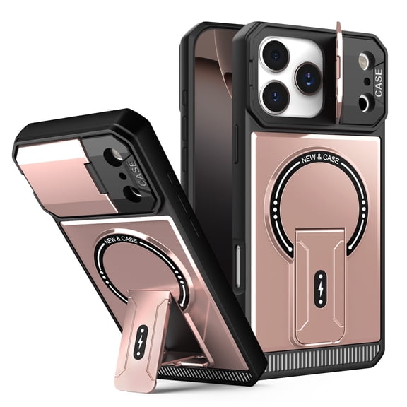 TECH CIRCLE For Apple iPhone 17 Pro Magnetic Mag Safe Case Camera Lens Cover with Kickstand, Rugged PC+TPU, Non-Slip, Anti-Scratch, Anti-Fingerprint, Shock-Absorbent, Wireless Charging,Rosegold