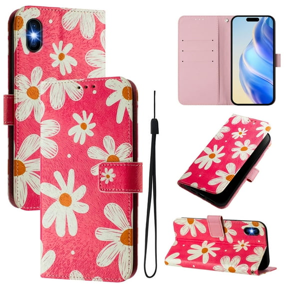 TECH CIRCLE for Apple iPhone XS/X Case 5.8-Inch (2018 Release), Cute Cartoon Flip Wallet Phone Case with Lanyard, Built-in Card Slots & Stand Function, Portable Lightweight Slim Folio Cover, Red Daisy