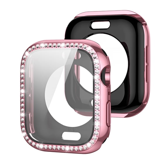 TECH CIRCLE Bling Case with Screen Protector for Apple Watch Series 7/8/9 41mm, Crystal Diamond All Round Full Protective Hard PC Cover Bumper for iWatch Accessories,Pink