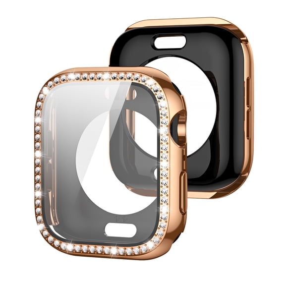 TECH CIRCLE Bling Case with Screen Protector for Apple Watch Series 7/8/9 41mm, Crystal Diamond All Round Full Protective Hard PC Cover Bumper for iWatch Accessories,Rosegold