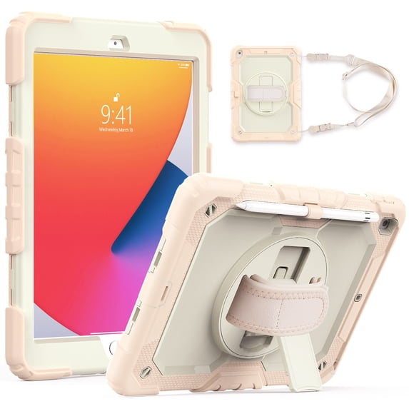 TECH CIRCLE Bumper Case for iPad 9th/8th/7th Generation 10.2" (2021/2020/2019), Shockproof Protective Cute Case with Screen Protector & Pen Holder & Hand Strap & Kickstand & Shoulder Strap, Rosegold