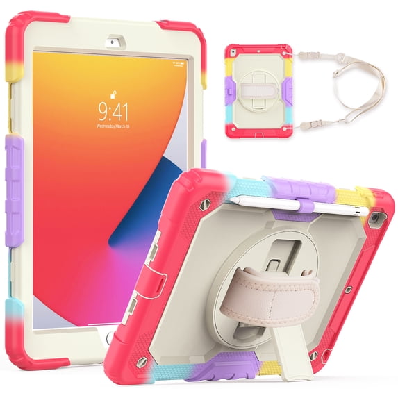 TECH CIRCLE Bumper Case for iPad 9th/8th/7th Generation 10.2" (2021/2020/2019), Shockproof Protective Cute Case with Screen Protector & Pencil Holder & Hand Strap & Kickstand & Shoulder Strap, Red