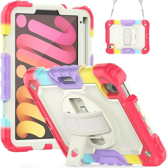 TECH CIRCLE Bumper Case for iPad Mini 6th Generation, iPad Mini 6 Case 8.3" 2021, Shockproof Cute Kids Case with Screen Protector & Pencil Holder & Hand Strap & Kickstand & Shoulder Strap, Red