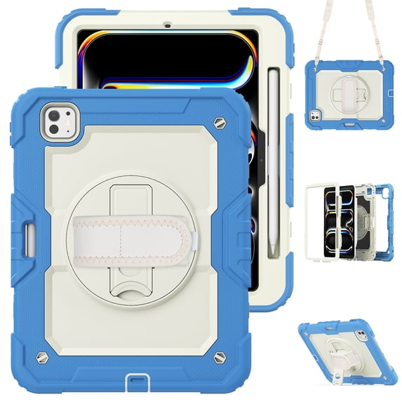 TECH CIRCLE Bumper Case for iPad Pro 11 (2022/2021/2020/2018), iPad Air 5th/4th Generation Case 10.9", Shockproof Protective Case with Screen Protector & Pencil Holder & Hand Strap & Kickstand, Blue