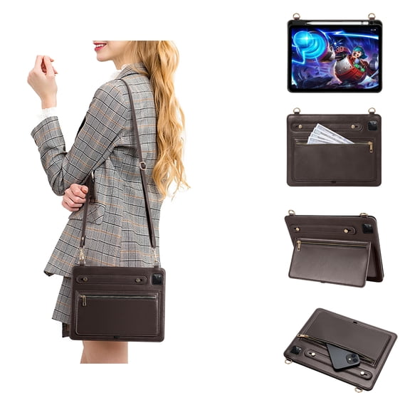 TECH CIRCLE Business Case for Apple 12.9-Inch iPad Pro (6th/5th/4th/3rd Generation) - Classic Leather Case with [Zipper Pocket /Handstrap /Shoulder Strap /Stand] Multifunctional Tablet Cover, Coffee