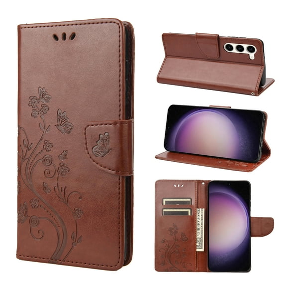 TECH CIRCLE Butterfly Case for 2023 Galaxy S23 6.1" - Leather Wallet Case with Stand, Brown