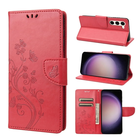 TECH CIRCLE Butterfly Case for 2023 Galaxy S23 6.1" - Leather Wallet Case with Stand, Red