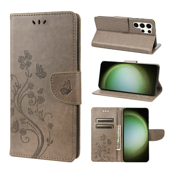 TECH CIRCLE Butterfly Case for 2023 Galaxy S23 Ultra - Cute Wallet Case with Stand, Gray
