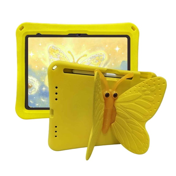 TECH CIRCLE Butterfly Case for iPad (A16) 11th Generation 11 Inch (2025), iPad 10th Generation 10.9 Inch (2022), 3D Cartoon Soft EVA Foam 360 Rotating Stand Cover for Kids Girls,Yellow