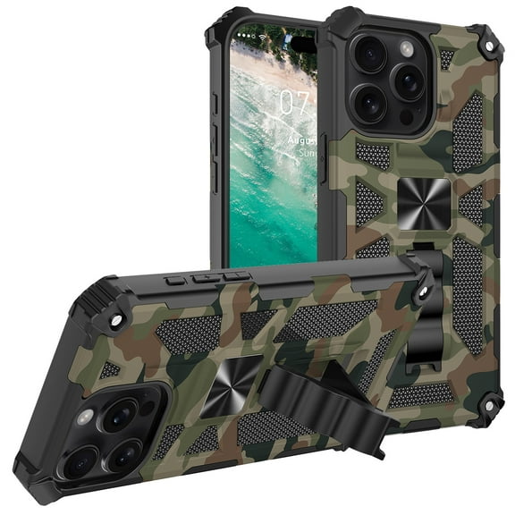 TECH CIRCLE Camouflage Series Shockproof Phone Case for iPhone 17 (6.3") with Kickstand, Compatible with Magnetic Car Mounts, Drop Protection Protective Sturdy Rugged Cover for Men, Armygreen