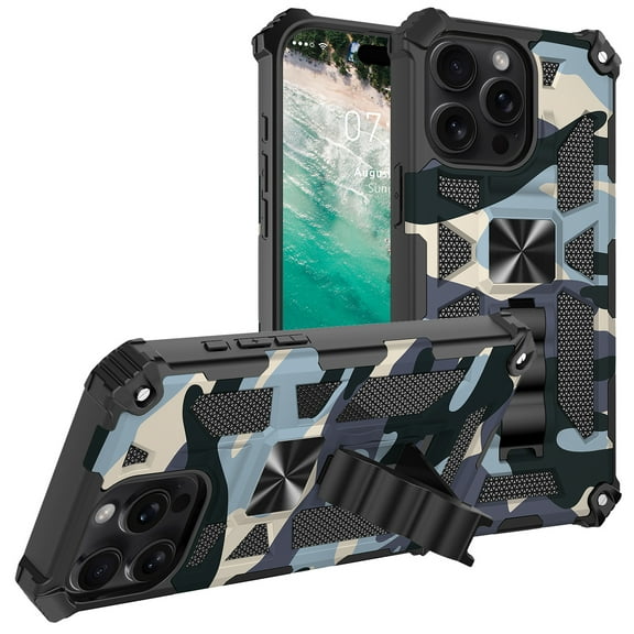 TECH CIRCLE Camouflage Series Shockproof Phone Case for iPhone 17 Air (6.5") with Kickstand, Compatible with Magnetic Car Mounts, Drop Protection Protective Sturdy Rugged Cover for Men, Lightblue