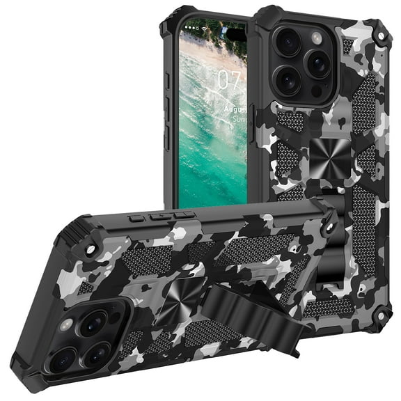 TECH CIRCLE Camouflage Series Shockproof Phone Case for iPhone 17 Pro (6.3") with Kickstand, Compatible with Magnetic Car Mounts, Drop Protection Protective Sturdy Rugged Cover for Men, Black