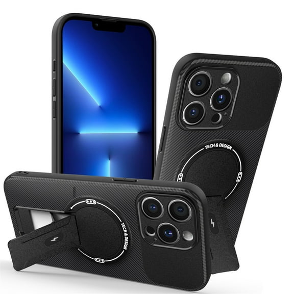 TECH CIRCLE Carbon Fiber Texture Magnetic Phone Case for iPhone 12 with Kickstand, Compatible with MagSafe and Wireless Charging, Slim Fit, Lightweight, Anti-Scratch, Shockproof Cover, Black
