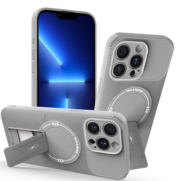 TECH CIRCLE Carbon Fiber Texture Magnetic Phone Case for iPhone 12 Pro Max with Kickstand, Compatible with MagSafe and Wireless Charging, Slim Fit, Lightweight, Anti-Scratch, Shockproof Cover, Gray