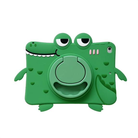 TECH CIRCLE Cartoon Tablet Case for 10.2" iPad 9th/8th/7th Generation (2021/2020/2019), Cute Kids Case, Built-in Rotating Kickstand & Handle, with Shoulder Strap, Shockproof Case, Green Crocodile