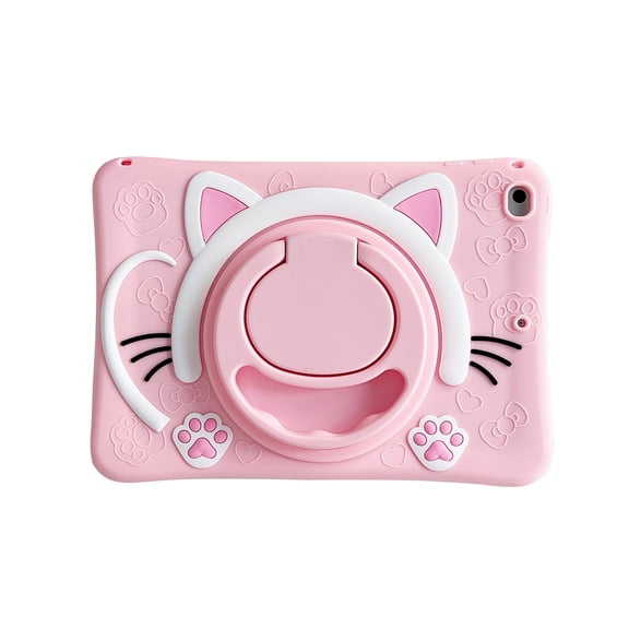 TECH CIRCLE Cartoon Tablet Case for Apple iPad 6th/5th Generation (2018/2017) 9.7", Cute Case for Kids, Built-in Rotating Kickstand & Handle, with Shoulder Strap, Shockproof Portable Case, Pink Cat