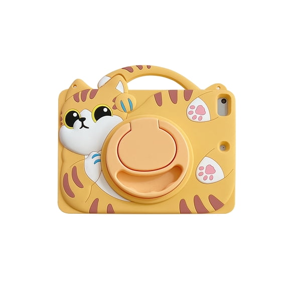 TECH CIRCLE Cartoon Tablet Case for Apple iPad 6th/5th Generation (2018/2017) 9.7", Cute Case for Kids, Built-in Rotating Kickstand & Handle, with Shoulder Strap, Shockproof Portable Case, Yellow Cat