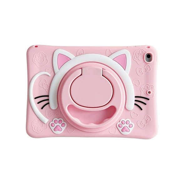 TECH CIRCLE Cartoon Tablet Case for Apple iPad Pro 2016 & iPad Air 2 (2014) 9.7", Cute Case for Kids, Built-in Rotating Kickstand & Handle, with Shoulder Strap, Shockproof Portable Case, Pink Cat