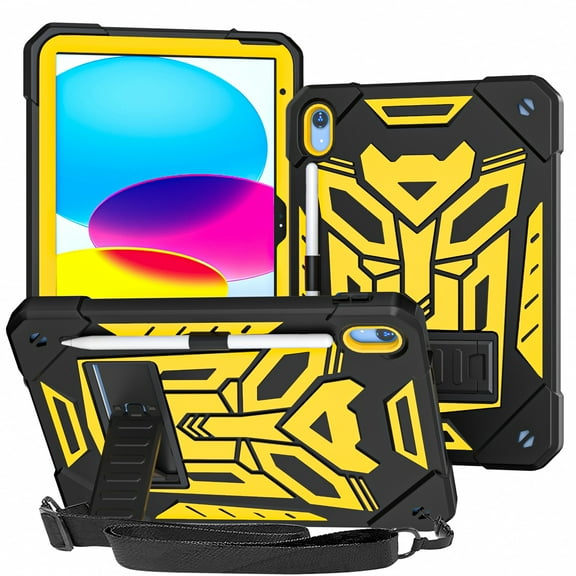 TECH CIRCLE Case for 10.9" iPad (10th Generation, 2022 Release) - Heavy Duty Protection Shockproof Case with [Stand / Shoulder Strap] Protective Sturdy Rugged Cover for Kids Adults (Yellow Black)