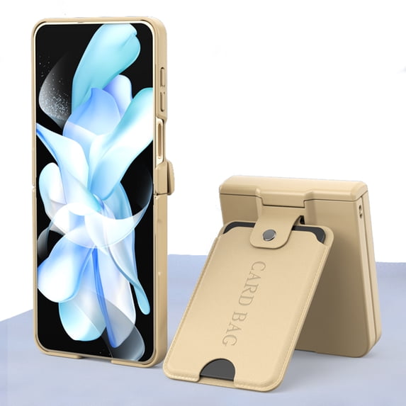 TECH CIRCLE Case for 2023 Samsung Galaxy Z Flip 5 6.7", Protective Durable Lightweight Sturdy Rugged Plastic Phone Cover Case with Leather Card Holder, Gold