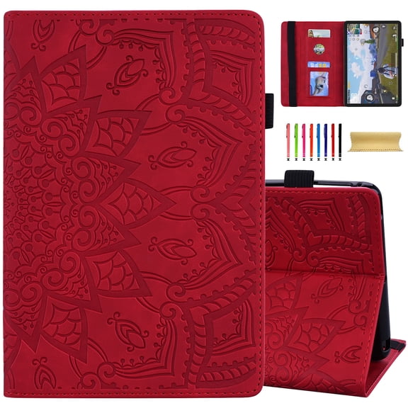 TECH CIRCLE Case for Amazon Fire HD 10 and 10 Plus Tablet (13th/11th Generation, 2023/2021 Release),PU Leather Slim Folding Stand Cover with Pencil Holder Shockproof Magnetic Card Slots Shell,Red