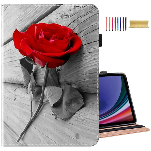 TECH CIRCLE Case for Amazon Fire HD 10 Tablet (9th/7th/5th Generation,2019/2017/2015 Release),PU Leather Stand Folio Case with Pen Holder Elastic Band Protective Auto Wake/Sleep Wallet Case,Red Rose