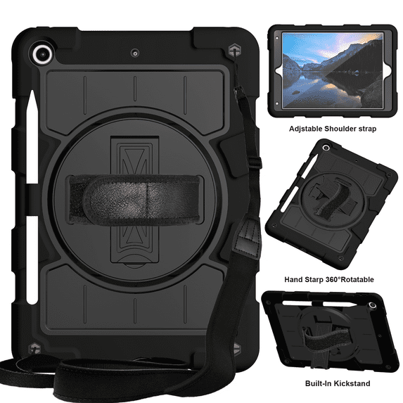 TECH CIRCLE Case for Apple 10.2-inch iPad 9th/8th/7th Generation - Heavy Duty Protection Shockproof Rugged Case with Adjustable Hand/Shoulder Strap & 360 Gegree Rotating Viewing Kickstand, Black