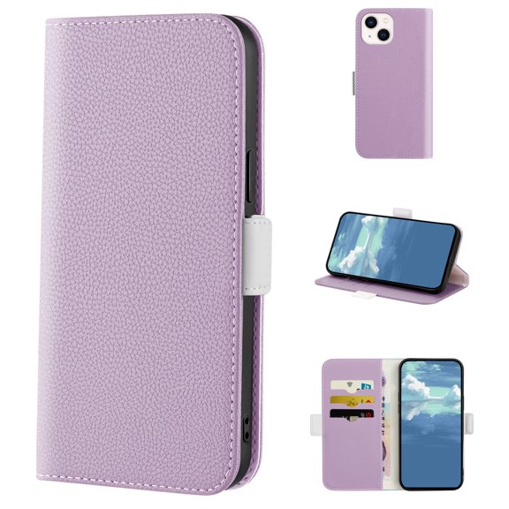 TECH CIRCLE Case for Apple iPhone 14 (2022) ,Lychee Texture PU Leather ID Credit Card Slots Wallet Cover,Magnetic Clasp Flip Kickstand Phone Protective Case,Purple