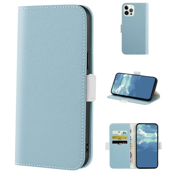 TECH CIRCLE Case for Apple iPhone 14 Pro Max (2022) ,Lychee Texture PU Leather Card Slots Wallet Cover,Magnetic Clasp Flip Kickstand Phone Protective Case,Blue