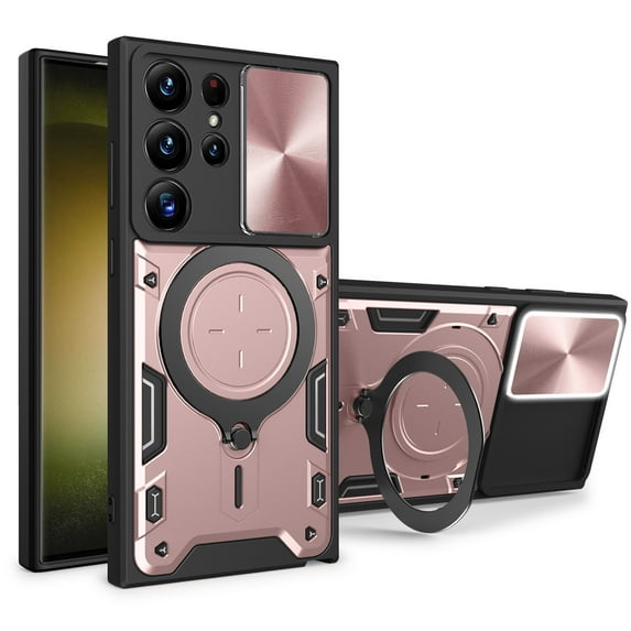 TECH CIRCLE Case For Galaxy S21 FE, Sliding Lens Protective Rugged Case with Rotating Stand Phone Ring Holder Lightweight Sturdy Shockproof Cover for Samsung Galaxy S21 FE 6.4" 2022,Pink