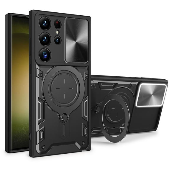 TECH CIRCLE Case For Galaxy A35, Sliding Lens Protective Rugged Case with Rotating Stand Phone Ring Holder Lightweight Sturdy Shockproof Cover for Samsung Galaxy A35 5G 6.6" 2024,Black