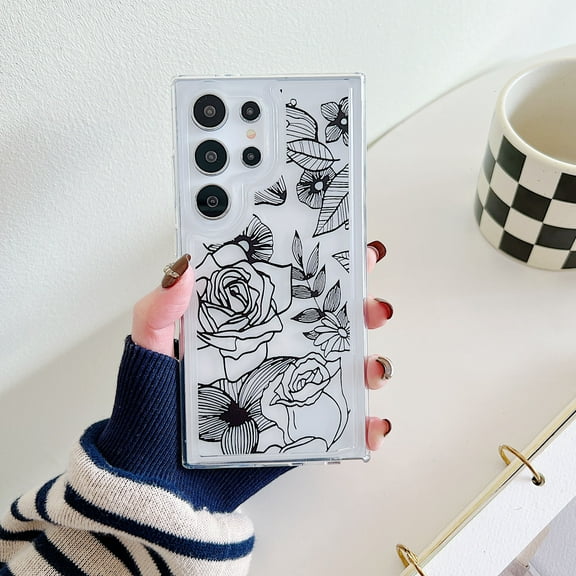 TECH CIRCLE Case For Galaxy S24 Ultra,Cute Clear Slim Girls Women Shockproof Protective Soft TPU Bumper Transparent Cover Phone Case for Samsung Galaxy S24 Ultra 6.8" 2024,Black Rose